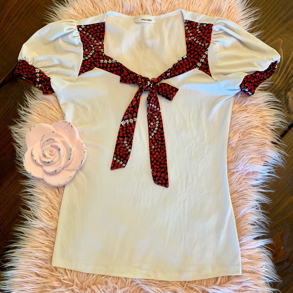 Bow Blouse Capped Lantern Sleeves Floral